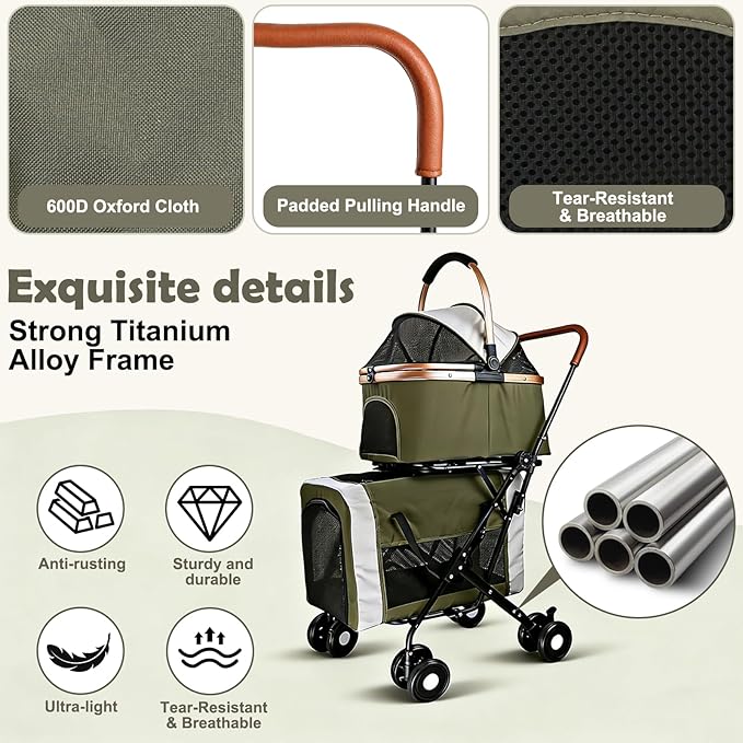 Double Pet Stroller for Dogs and Cats: Dog Stroller Foldable Travel Carriage with Detachable Carriers, Safety Belts, and 4 Lockable Wheels for Small to Medium Pets – Ideal for Multi-Pet Homes (Green)