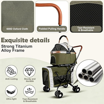 Double Pet Stroller for Dogs and Cats: Dog Stroller Foldable Travel Carriage with Detachable Carriers, Safety Belts, and 4 Lockable Wheels for Small to Medium Pets – Ideal for Multi-Pet Homes (Green)