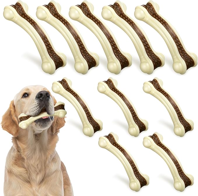 Sosation 10 Pcs Dog Chew Toys for Aggressive Chewers Nylon Beef Flavor Dog Bones Tough Puppy Teething Toys Puppy Chew Bones for Large/Medium/Small Breed Dogs Puppies (5.1 x 2 Inch, 6.3 x 2.17 Inch)
