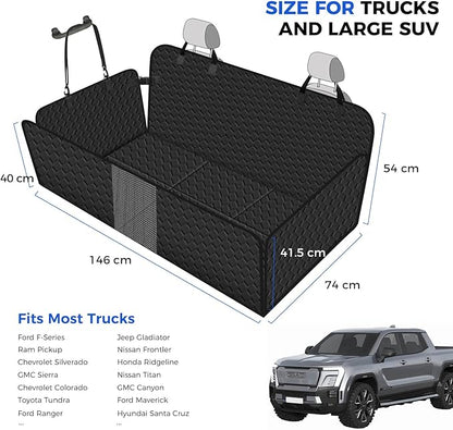 XL Dog Back Seat Extender for Crew Cab Truck, Hard Bottom Dog Car Seat Cover Waterproof Dog Car Hammock Pet Backseat Bed, Pet Truck Accessories for F150 / RAM 1500/ Tundra Crew Cab, Black