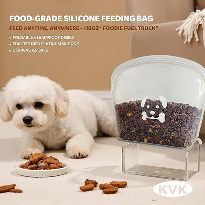 Extra Extra Large Silicone Dog Food Mat 39.4×43.3in and 128oz Silicone Bag Set, Super Size Waterproof Pet Feeding Mat & Container, Non-Slip, Chew-Resistant Floor Protection (Dark Grey&Clear)