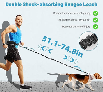 Hands Free Dog Leash with Pouch, Waist Leash for Dog Walking, Jogging, Hiking, Retractable Leashes with Dual Padded Handles, Adjustable Reflective Belt for Small, Medium, Large Dogs
