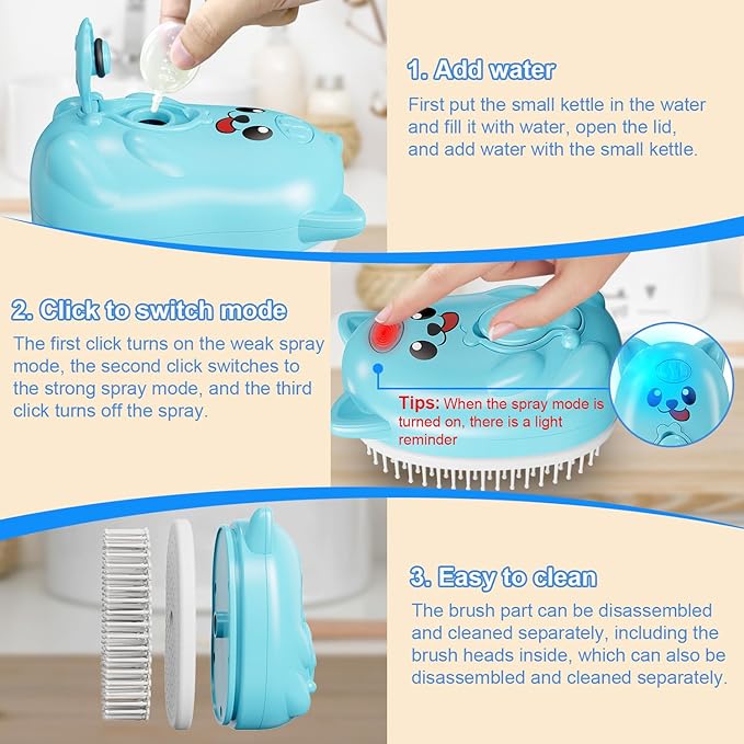 3 in 1 Cat Steam Brush for Shedding, Pet Steam brush for Dog & Cat Shedding & Grooming, for Long & Short Haired Pets, Spritz Defur Comb (sky blue)