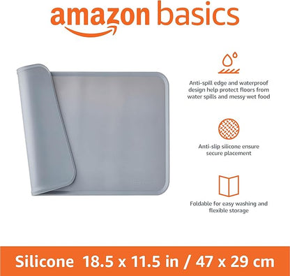 Amazon Basics Waterproof Non-Slip Silicone Pet Feeding Mat with Raised Edges, Prevents Spills, Easy to Clean, Protects Floors for Cat & Dog Food and Water Bowls, 18.5 x 11.5 Inches, Gray