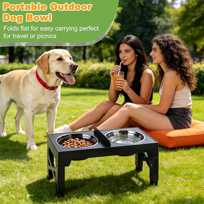 MECHEER 4-in-1 Dog Bowl Elevated Stand with Slow Feeder & Spill-Proof Water Bowl, 5-Height Adjustable Raised Dog Bowl for Large, Medium, and Small Dogs, Non-Slip Base Dog Feeding Station