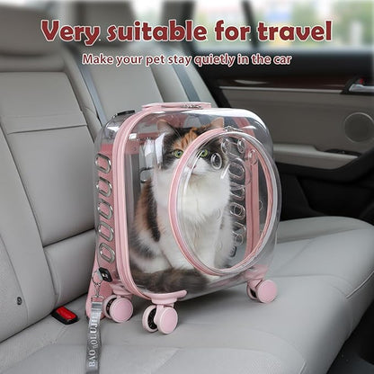 Pet Trolley Case with Ventilation Holes, Pet Carrier,Pet Rolling Carrier,Clear Window Pet Trolley Case,Pet Strollers for Small Dogs,Cat Carrier with Silent Wheels Telescopic for Travel (Pink-A)