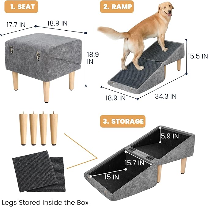 3-in-1 Dog Ramp 18.9"×17.7"×18.9" with Storage – Pet Stairs for Senior & Injured Dogs & Cats, Hidden Storage Footstool, Ottoman Anti-Slip, Supports 220 lbs for Beds & Sofas