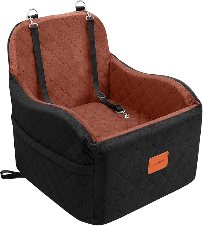 Dog Car Seats for Small/Medium Dogs, Memory Foam Dog Booster Seat for Dogs up to 35 lbs, Travel Safety Pet Car Seat with Washable Removable Cover and Storage Pockets (Black/Brown, Medium)