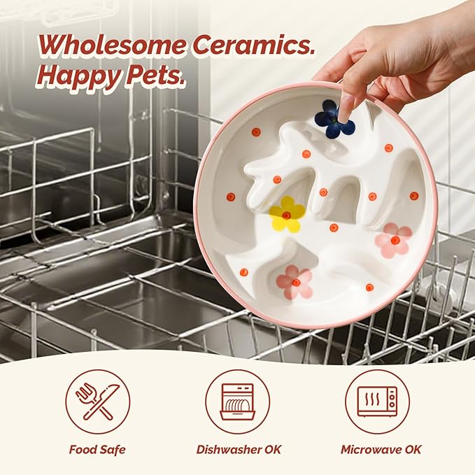 Ceramic Slow Feeder Dog Bowl - Portion Control Feeding Bowl for Medium Dogs – Cute Maze Food Dish for Fast Eaters - 3.1 Cups (310 g) - Doodle Series (Petal)