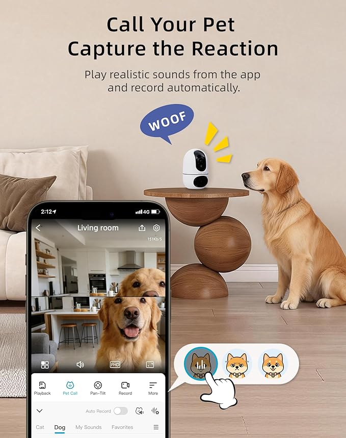 VIRTAVO AI Pet Camera Indoor with Phone App for Dog, Cat & Puppy, 360° Dual-Lens with Auto Tracking & Pet Calling, No Subscription, Wi-Fi 6 (5GHz/2.4GHz), Apple Watch & Alexa Compatible