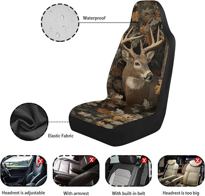 Deer Car Seat Covers Waterproof Front Seat Covers Camo Hunting Forest Bucket Seat Cover Automobile Vehicle Interior Accessories Easy to Install