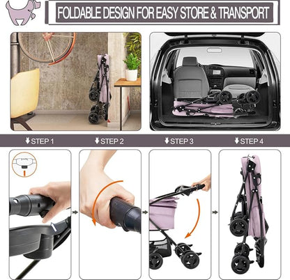 3-in-1 Pet Stroller for Small Dogs and Cats, Folding Lightweight Dog Stroller with Detachable Carrier Portable Cat Puppy Jogging Stroller with Cup Holder and Storage Basket, 4 Wheels