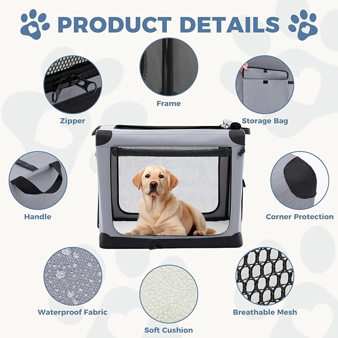 DUMOS Dog Crate 30 Inch Travel Cat Pet Carrier for Small Medium, Portable Foldable Soft Pet Crate with Storage Bag & Washable Pad for Indoor Outdoor Dog Kennel Carrier (M-50lbs, Grey)