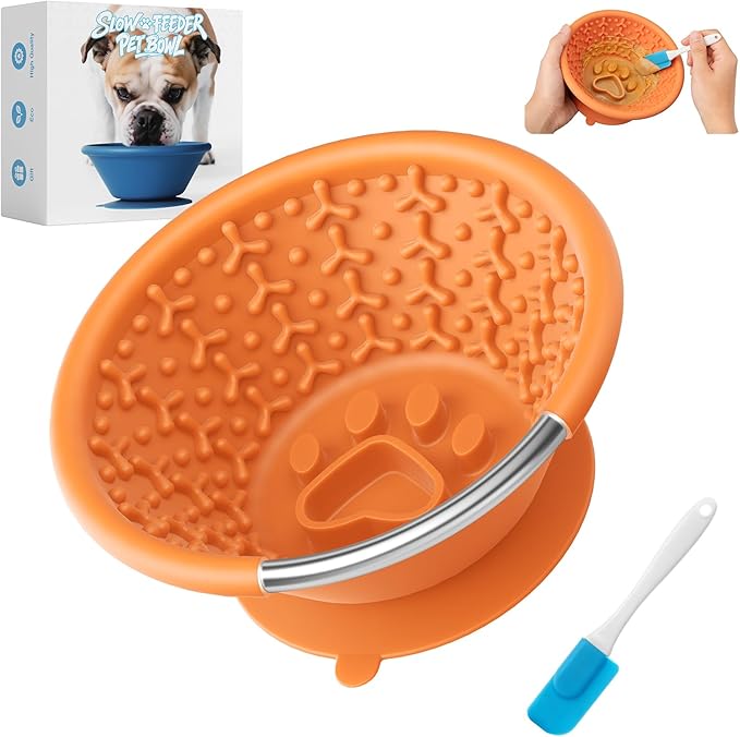 Slow Feeder Dog Bowl with Suction Cup & Reinforced Rim, 3-Cup Puzzle Maze Dog Lick Bowl for Anxiety Relief, Anti-Choking & Non-Slip, BPA-Free Silicone, for Small to Large Breeds (Orange)