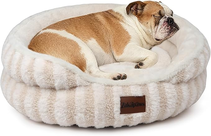 Cat Bed Puppy Bed - Washable Round Cat Beds for Indoor Cats, Soft Corduroy Fleece Pet Bed for Kitten and Samll Dog with Removable Double Sided Inner Cousion, 26", Beige