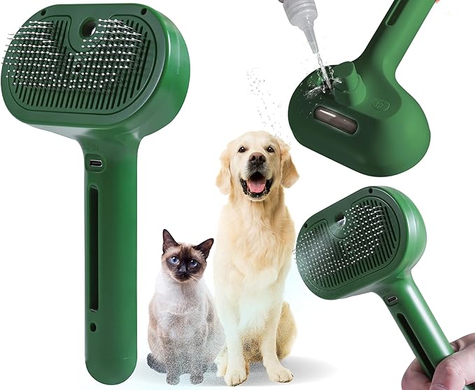 Cat/Dog Deshedding Brush with Water Spray and Steamer - Grooming Tool for Shedding Hair Removal (Christmas Green)