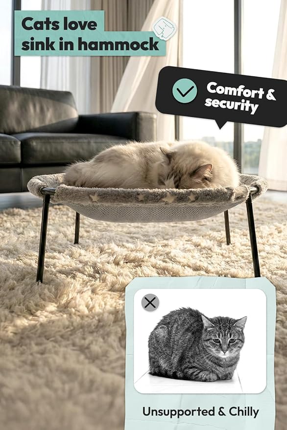 Elevated Cat Bed, Glow-in-The-Dark Fabric Cat Hammock Bed for Large Indoor Cats, Machine Washable & Breathable Cover, Tool Free Easy Assembly, up to 66Lbs (Gray, L)