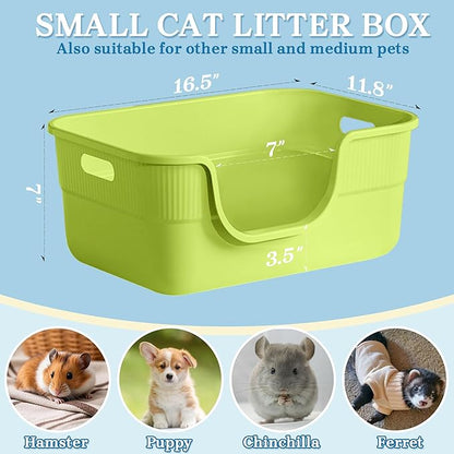 Low Entry Kitty Litter Box for Small Cats, Kittens Litter Boxes with High Sides, Open Top, Anti-Splash Plastic Litter Pan for Medium Pets, Easy to Clean, 16.5" L*11.8" W*7" H (Green)
