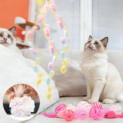 16Pcs Cat Toy Set Pink Kitten Toys Pack Including Feather Teaser Interactive Wand Cat Springs Mice Crinkle Balls and Pet Bell Balls Toys for Bored Indoor Cats, Gift Box Styles (Pink)