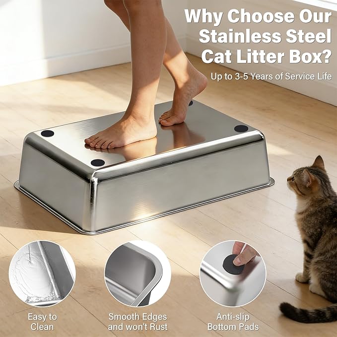 Stainless Steel Litter Box with Lid, XL Large Enclosed Cat Litter Box for Big Cats, Metal Cat Litter Box with High Sided, Anti-Leakage,Front & Top Entry,Includes Mat & Scoop