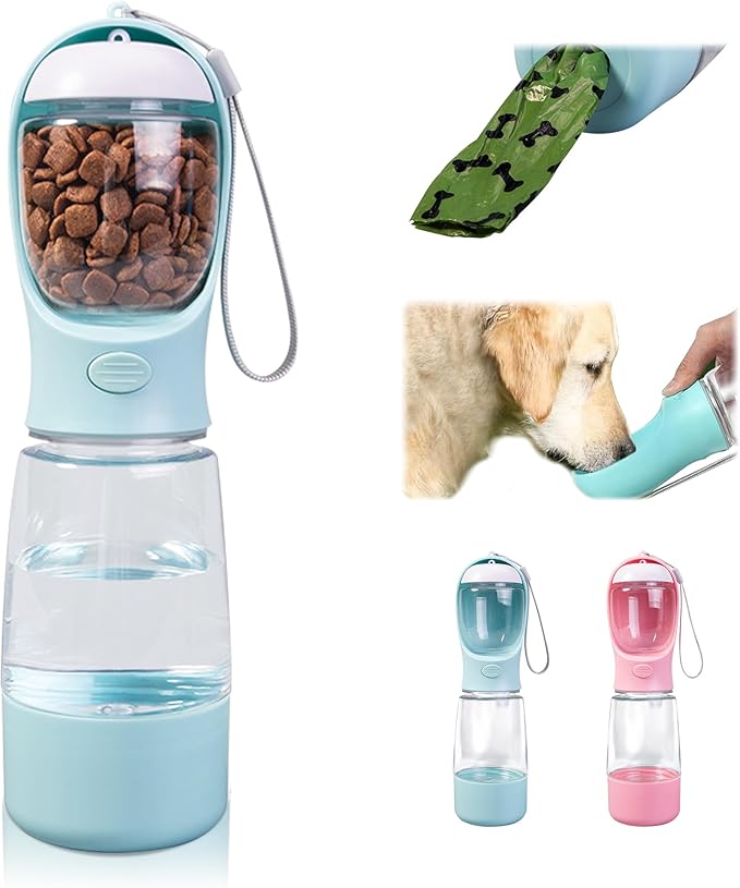 Dog Water Bottle with Food Storage & Poop Bag Dispenser - 3-in-1 Portable Pet Water Bowl for Hiking, Walking, and Travel - Ideal for Small to Large Dogs Blue