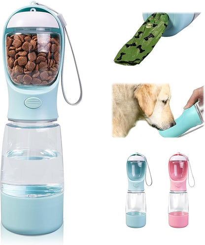 Dog Water Bottle with Food Storage & Poop Bag Dispenser - 3-in-1 Portable Pet Water Bowl for Hiking, Walking, and Travel - Ideal for Small to Large Dogs Blue