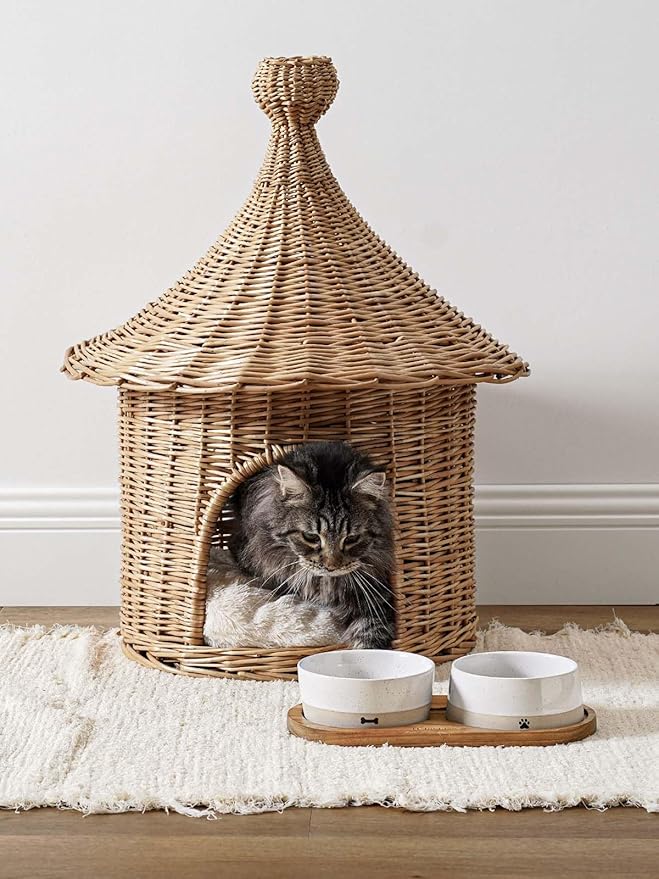 LE TAUCI PET Dog and Cat Bowl Set with Acacia Wood Tray - 2 Cup Ceramic Puppy Bowls for Cats &Small Dogs, Dual Food and Water Bowls with Weighted Non-Slip Base