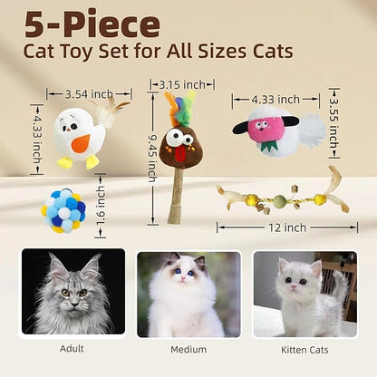 5 Pcs Catnip Toys for Cats, Silvervine Interactive Cat Toy Set with Squeaker & Feathers, Natural Organic Catnip Dental Chew Toys for Kitten Teething, Boredom & Anxiety Relief Plush Set