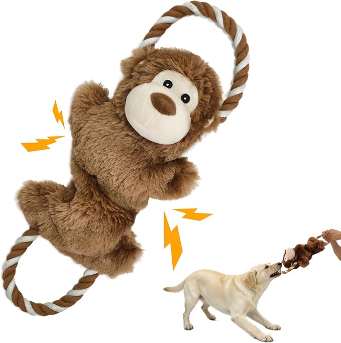 Monkey Plush Squeaky Dog Toy with Crinkle Paper Puppy Teething Chew Toy Cute Soft Funny Indoor Outdoor Interactive Tug of War Dog Rope Toy for Small Medium Large Dogs Toy Gift 39.5cm/15.55in