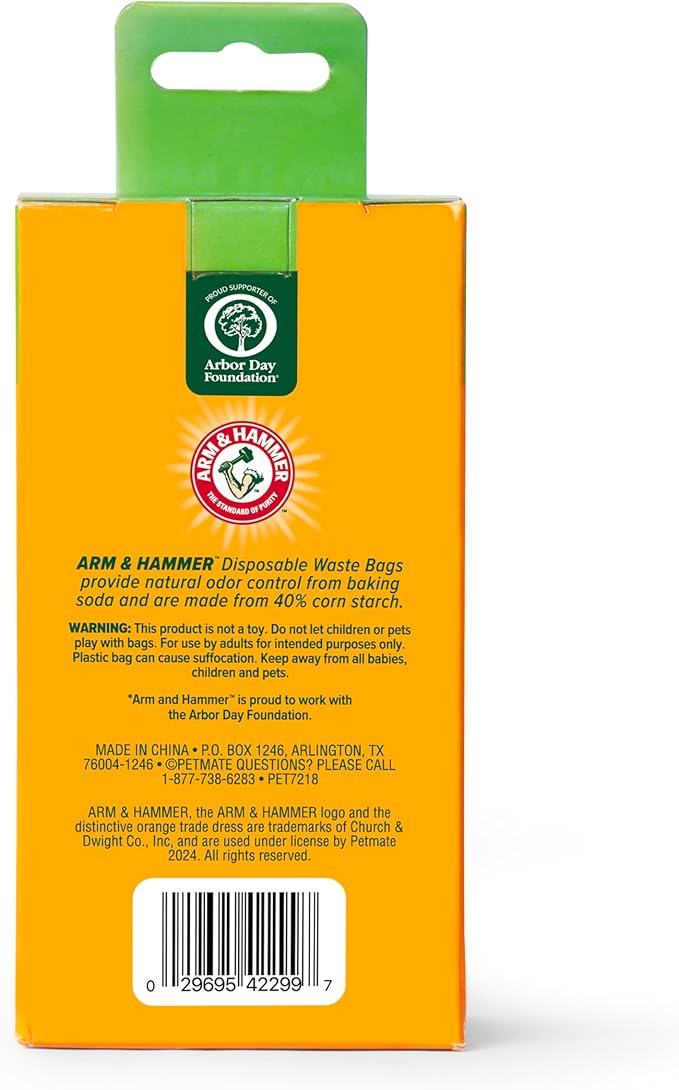 Arm & Hammer Dog Poop Leakproof Plant Based 120 Count Waste Bags, Unscented, Made From 40% Corn Starch With Activated Baking Soda, Pack of 8, Green