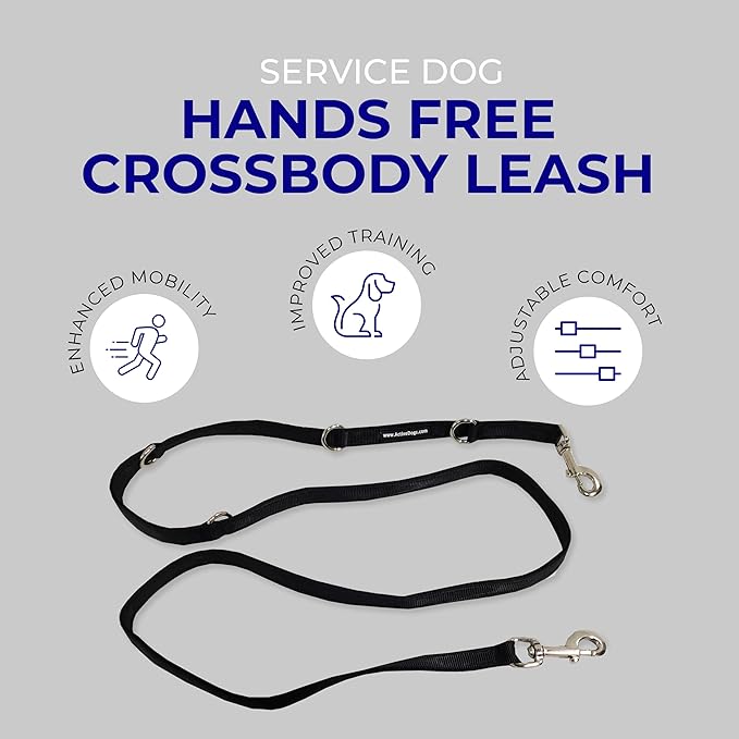 ActiveDogs Hands Free Dog Leash Crossbody 7.5ft - Adjustable 4-Point Hands Free Leash with Service Dog Wrap for Increased Mobility & Training - Strong 3/4" Nylon & Double Stitched, Black