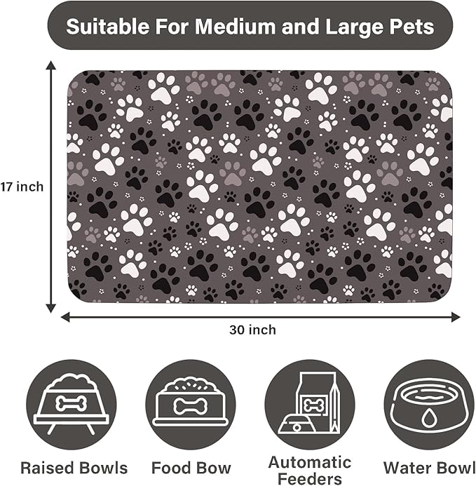 Patterned Cat & Dog Bowl Mat for Food and Water, 17"×30" Quick Dry Absorbent Pet Feeding Mat, Eco-Friendly Dog Placemat
