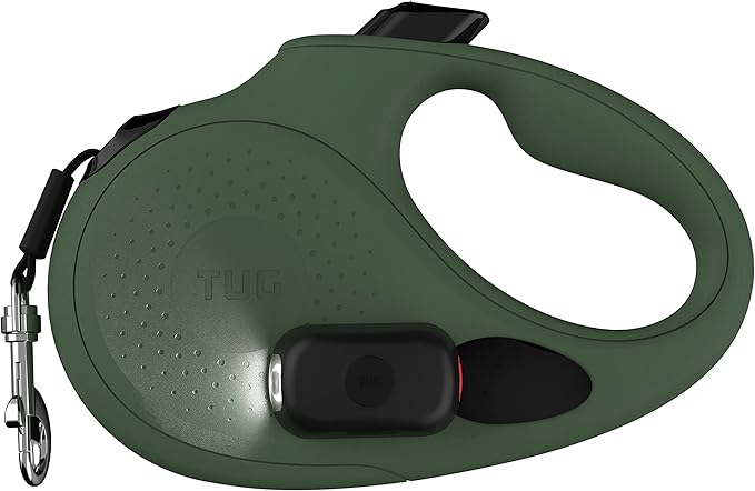 TUG Oval 360° Tangle-Free Retractable Dog Leash | Flashlight Included | Integrated Waste Bag Dispenser Pocket (Medium, Green)