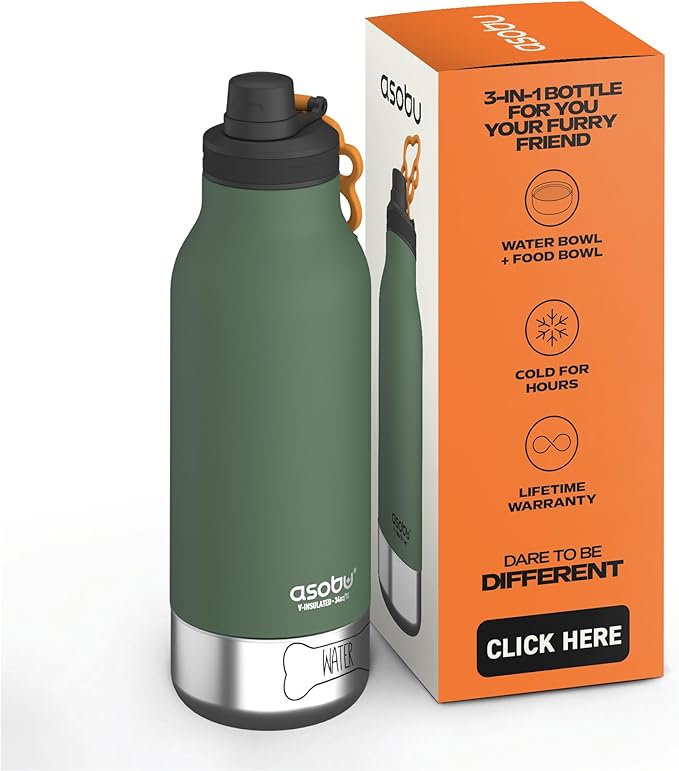 Asobu Dog Barky Bottle – Insulated Stainless Steel Water Bottle with 2 Removable Dog Bowls for Food, Treats & Water – Pet-Friendly Travel Bottle for Hiking, Road Trips & Outdoor Adventures