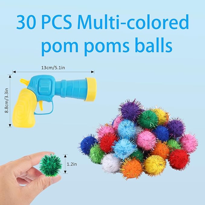 Dorhui Cat Toy Gun Launcher, 30 Pcs Sparkle Pom Pom Balls and Cat Ball Launcher, Cat Fetch Toy Gun Shooter for Indoor, Interactive Glitter Pom Pom Balls for Kitty Gifts