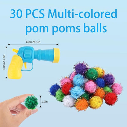 Dorhui Cat Toy Gun Launcher, 30 Pcs Sparkle Pom Pom Balls and Cat Ball Launcher, Cat Fetch Toy Gun Shooter for Indoor, Interactive Glitter Pom Pom Balls for Kitty Gifts