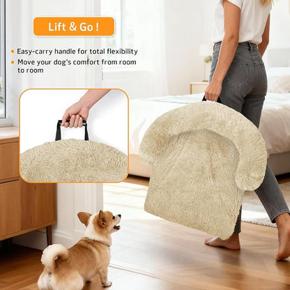Calming Dog Bed Fluffy Plush Dog Mat for Furniture Protector with Removable Washable Cover for Large Medium Small Dogs and Cats (Small(35x31x5),Beige)