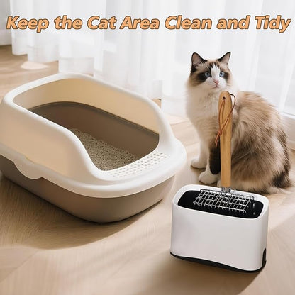 Metal Cat Litter Scoop with Holder, Poop Scooper with Stand and 2 Rolls of Garbage Bags, Heavy Duty Stainless Steel Shovel with Wooden, Quick Sifter for Easy Cleaning