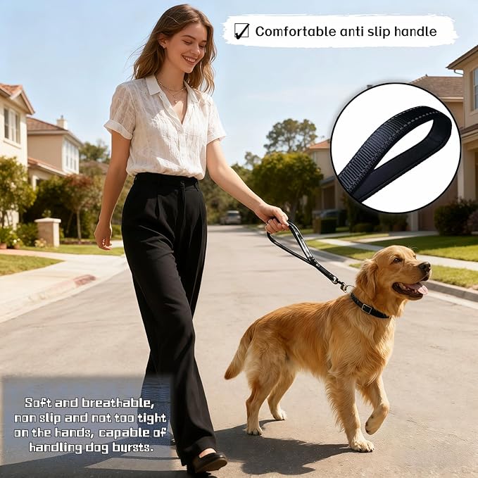 Heavy Duty Nylon Dog Leash with Padded Handle, Black Reflective Short Lead, 12 Inch for Medium Large Dogs, Double Layer Durable Walking Training