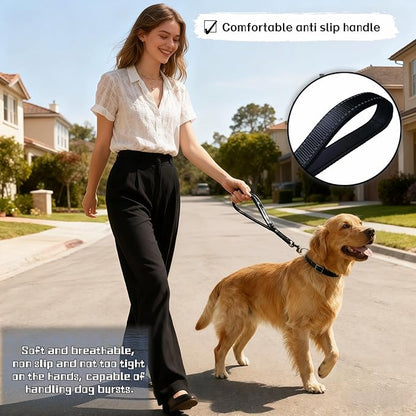 Heavy Duty Nylon Dog Leash with Padded Handle, Black Reflective Short Lead, 12 Inch for Medium Large Dogs, Double Layer Durable Walking Training