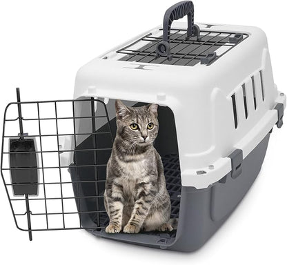 18 Inch Hard-Sided Plastic Dog Carrier 2 Door Travel Crate for Small Dogs Cats up to 10 lbs, Durable Handle, Security Lock Design, Gray