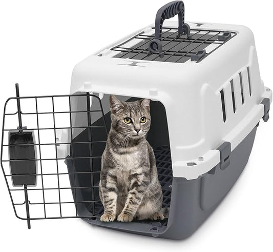 18 Inch Hard-Sided Plastic Dog Carrier 2 Door Travel Crate for Small Dogs Cats up to 10 lbs, Durable Handle, Security Lock Design, Gray