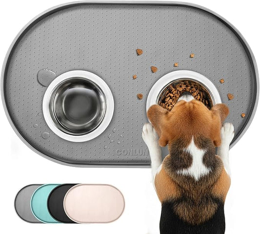 Dog Food Mat,1/2 Inch Raised Edges Cat Feeding Mat for Spill Containment,BPA-Free Silicone Pet Food Mats for Floor Waterproof,Rubber Dog Placemats for Food and Water Bowls(Grey,19"x12")