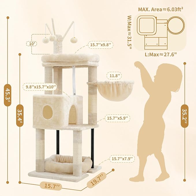 Heybly Cat Tree, 45.3-Inch Cat Tower for Indoor Cats with Large Perch, All-in-One Cat Furniture with Cozy Bed, Hidden Space Cat Condo, Comfy Hammock, Scratching Posts & 3 Pompoms, Beige HCT202SM