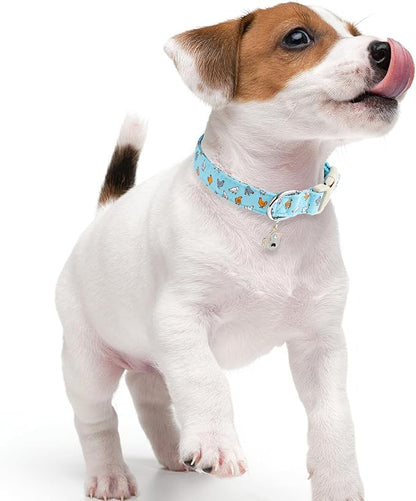 Faygarsle Funny Chicken Pattern Dog Collar, Cotton Fabric, Light Blue with Farm Animal Print for Small Medium Large Dogs S