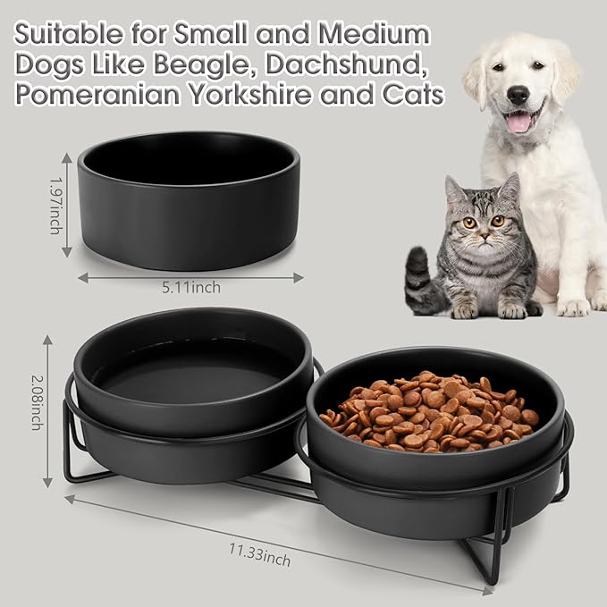 Ceramic Dog and Cat Bowl Set with Stand, 1.7 Cups Dog Food and Water Bowl Suitable for Small and Medium Pets (13.5oz Black)