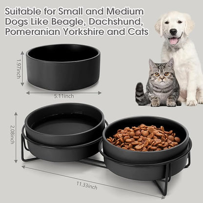 Ceramic Dog and Cat Bowl Set with Stand, 1.7 Cups Dog Food and Water Bowl Suitable for Small and Medium Pets (13.5oz Black)