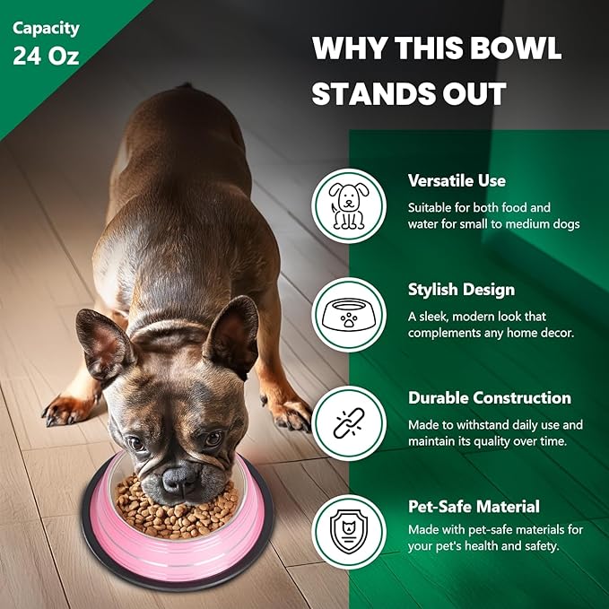 Iconic Pet 3 Cup/24 Oz Elegant Stainless Steel Color Splash Food/Water Bowl with Non Skid, Noise Free, Removable Rubber Ring - Dog/ Cat Feeding Bowl In color shade, Dishwasher Safe - Pink, 2 Bowls