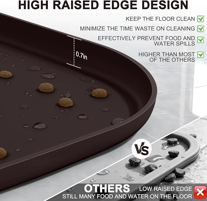 Small Silicone Pet Food Mat with Raised Edge for Food and Water Bowl, Square Dog Feeding Mats, Cat Food Trays for Floor Waterproof, Rubber Tray for Dogs and Cats, 12 x 12 x 0.7 Dark Brown
