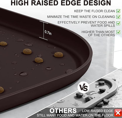 Small Silicone Pet Food Mat with Raised Edge for Food and Water Bowl, Square Dog Feeding Mats, Cat Food Trays for Floor Waterproof, Rubber Tray for Dogs and Cats, 12 x 12 x 0.7 Dark Brown